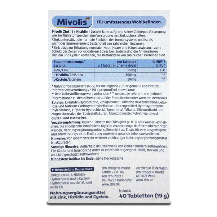 Mivolis Zinc 15 + Histidine + Cysteine ~40 tabs