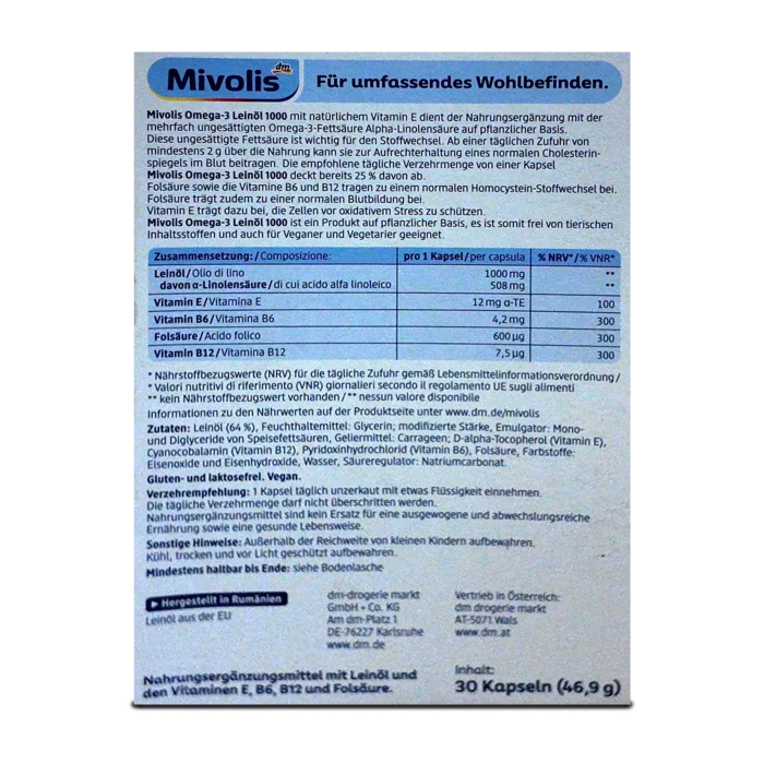 Mivolis Omega-3 Flaxseed Oil 1000 Capsules ~30 Caps
